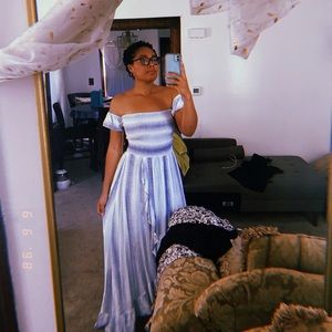 Blue and White Off the Shoulder Backless Dress Sz L